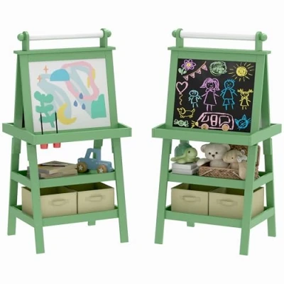 Image de AIYAPLAY tableau chevalet enfant 3 en 1 double face avec panneau blanc et noir magnétique rouleau papier + 2 paniers rangement intégrés 6 ans bois vert