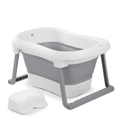 Image de hauck Baignoire Bébé avec Siège Wash N Fold L Pliable jusqu&#039;à 18 kg, Bouchon Change de Couleur à Température Élevée, Bassin Douche Portable, Drainage Rapide Blanc Gris
