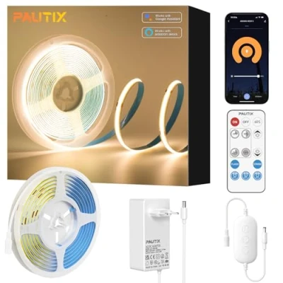 Image de PAUTIX WIFI Ruban LED COB Blanc Chaud 2700K 5M, 480LEDs/M Dimmable 24V CRI90 Flexible Bande Lumineuse,Intelligente Fonction avec Alexa, Télécommande RF et Alimentation pour Bricolage Décoration