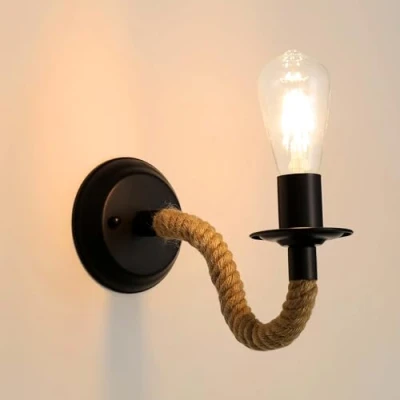 Image de Comely Applique Murale Vintage, E27 Lampe Corde de Chanvre, Rétro Interieur pour Couloir Loft Chambre Café Bar (sans Ampoule)