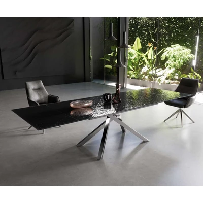 Image de Table à manger Edge 200 300x100 verre fondu noir fumé relief en 3D cadre croisé rectangulaire acier inoxydable extensible
