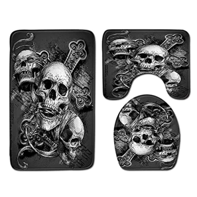 Image de YYCFB Ensemble de 3 Tapis Bain antidérapants en Flanelle Motif crânes Jour des Morts Gothique Doux Douche et WC