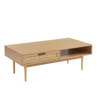 Image de BAÏTA Table Basse Amana Effet chêne et cannage en rotin 2 tiroirs