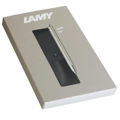 Image de Lamy Set di 1 penna roller Swift 330 in acciaio inox con finitura laccata opaca e custodia vera pelle colore nero per due strumenti scrittura, inclusa mina M 66 B blu