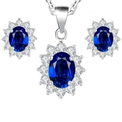 Image de Crystalline Azuria Femme Ensemble Collier et Clous Boucles d&#039;Oreilles 18ct Plaqué Or Blanc avec Cristaux Bleu imitation Saphir en Zircone