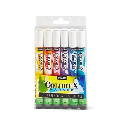 Image de PEBEO Marqueur Encre Colorex Set de 12 Aquarelle Couleurs Primaires Rendu Velouté Dessin Multi outil Tous Supports Complémentaires