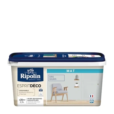 Image de RIPOLIN Peinture Intérieure Multi Supports Murs, Boiseries et Radiateurs Ultra Couvrante Lessivable Application Facile Ecolabel Aspect Mat 2.5L Gris Souris