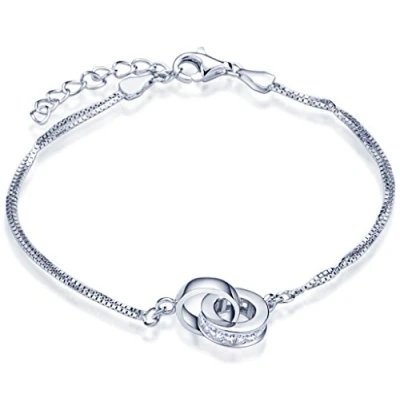 Image de Unendlich U Bracelet deux cercles attenants orné zirconium double chaîne à la mode en Argent fin S925 Couleur de blanc d&#039;argent Longueur est réglable pour femme fille