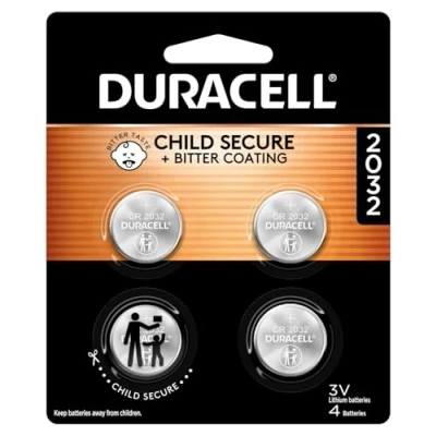 Image de Duracell Lot de 4 piles au lithium 2032. Caractéristiques sécurité pour enfants. Compatible avec Apple AirTag, porte clés et autres appareils. pile CR2032 3 V. 2032, bouton