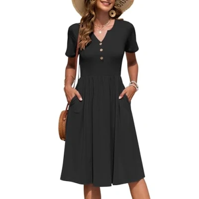 Image de AUSELILY Robe Femme d&#039;été à Manches Courtes Longueur Genou Col en V avec Boutons Robes Mi Longue Style Empire Poches Noir M