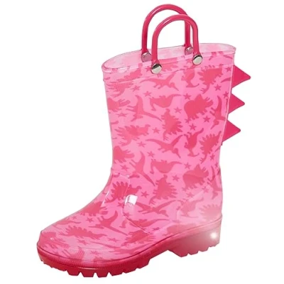 Image de Bottes en caoutchouc lumineuses pour filles Motif Dinosaure rose ou licorne Avec poignées et lumières clignotantes Chaussures de pluie 3D, Rose, 27 EU