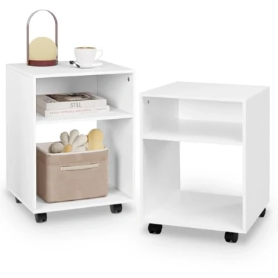 Image de EUGAD Lot de 2 Table Chevet avec roulettes, Nuit Mobile, Support d&#039;Imprimante Roues, d&#039;Appoint Compartiments Ouverts, Lit 40x35x55cm, Blanche, 0008CTG