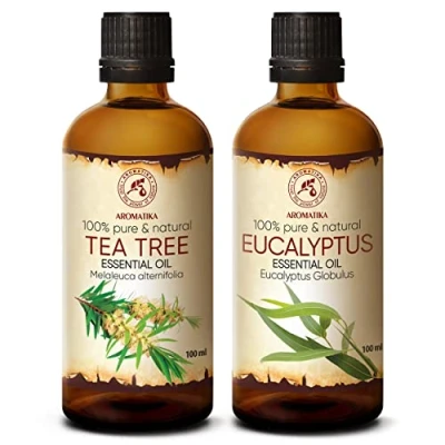 Image de Ensemble Huiles Essentielles Aromathérapie 2x100ml Pure et Naturelle HE Eucalyptus Tea Tree Huile pour Diffuseurs Visage Ongles les Soins de la Peau Sauna