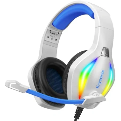 Image de Krysenix PG1 Casque Gaming pour PS4/PS5/PC/Xbox/Nintendo Switch, Gamer avec Son Microphone Stéréo AI, PS5 Prise Jack 3,5 mm et lumière RVB, Blanc/Bleu