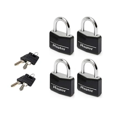 Image de Master Lock 9140EURQBLKNOP Lot de 4 Cadenas à Clé en Aluminium Massif recouvert Vinyle, noir, x 5,9 1,3 cm