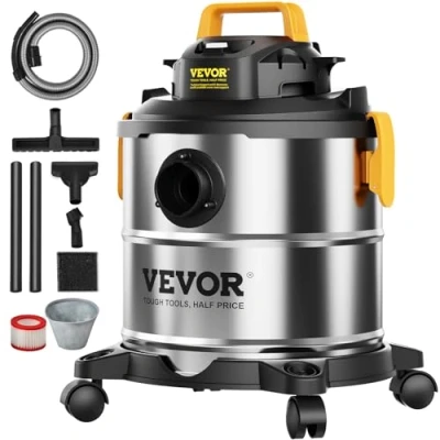 Image de VEVOR aspirateur eau et poussière 20 L, d&#039;atelier sec humide portable inox, 6 CV max, aspiration soufflerie efficace avec buse, roulettes, pour tapis, débris, poils d&#039;animaux, argent noir