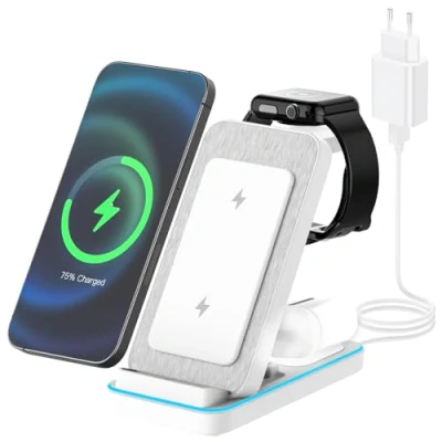 Image de JOEAIS Chargeur Induction, 3 en 1 Chargeurs à Induction pour Téléphones Portables avec Adaptateur, Rapide sans Fil 15W iPhone/Samsung/Apple Watch/Apple Ecouteurs(Blanc)