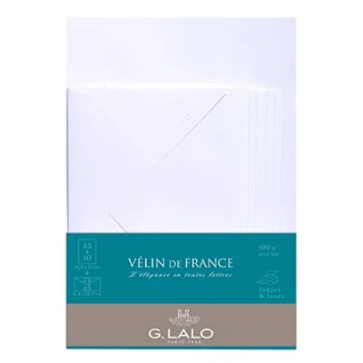 Image de Lalo 61700L Un ensemble de correspondance comprenant 10 feuilles A5 100g et 5 enveloppes gommées 11,4x16,2 cm, Vélin France, Blanc