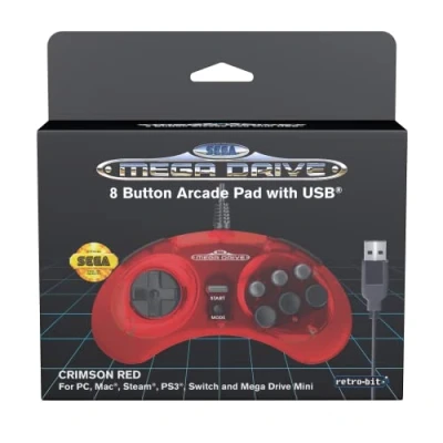 Image de Retro Bit Official Sega Mega Drive Manette USB 8 Button Arcade Pad pour Genesis Mini, Nintendo Switch, PC, Mac, Steam, RetroPie, Raspberry Pi, Port (Crimson Red)