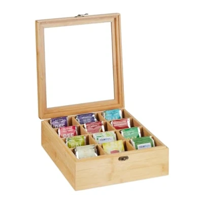 Image de Relaxdays Boîte de thé, 12 Compartiments, en Bambou, avec Couvercle, H x L P : 9,5 26,5 28,5 cm, Nature