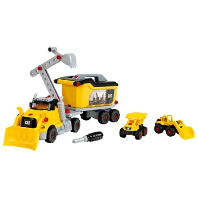 Image de Theo Klein 3252 Caterpillar Camion à visser 4 en 1 I Jouet de construction avec boîte outils Pelleteuse et benne incluses pour enfants partir 3 ans