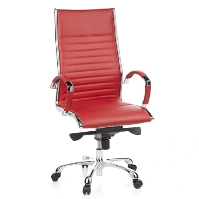 Image de hjh OFFICE 660530 Chaise de Bureau, Fauteuil Direction Parma 20 Rouge en Cuir véritable pour Un Usage intensif, avec accoudoirs Acier chromé, Dossier Haut et inclinable, piètement alu