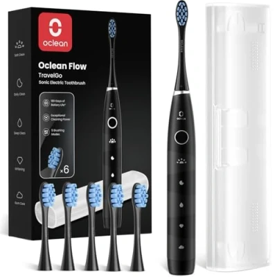 Image de Oclean Flow TravelGo Brosse à Dents électrique, 5 Modes avec Sensitive, Électrique Sonique, 180 Jours Autonomie, Minuterie &amp; Rappel 30s, 3 Brossettes Étui Voyage Noir Set