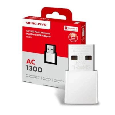 Image de Mercusys TP Link MA30N Adaptateur WiFi USB, AC1300Mbps, Carte réseau, Nano Carte, Double Bande, USB 2.0, WPA3, Plug &amp; Play, Windows 11/10