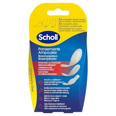Image de Scholl pansements Ampoules Pieds Différentes Tailles Talons et Orteils Soulage Immédiatement la Douleur Cicatrisation Rapide Restent en Place Jusqu&#039;à 7 Jours Boîte de 5