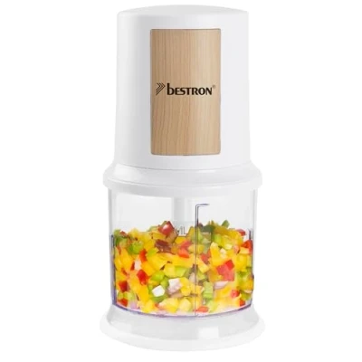 Image de Bestron hachoir électrique, mini idéal pour les légumes, oignons, Deux lames de coupe &amp; capacité 500 ml, Nordic Home Collection, Coleur: Blanc/Imitation bois
