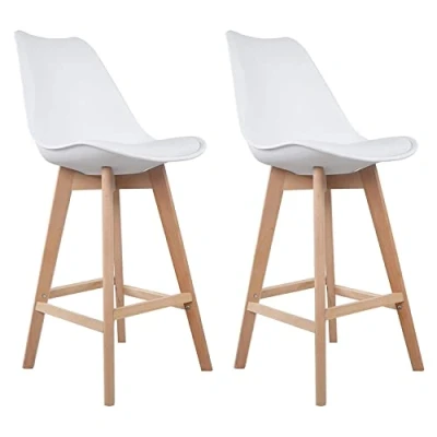 Image de Happy Garden Lot de 2 tabourets Bar Sven Blanc avec Coussin. Style scandinave Dossier et Repose Pieds, Cuisine, Pieds en Bois hêtre Massif