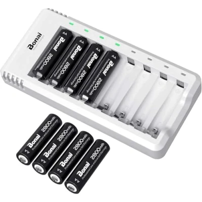 Image de BONAI Chargeur Piles Rechargeable, avec 8 AA 2800mah à Haute Capacité Ni Mh Batterie Faible AutodéCharge Charge Rapide, Protection de Intelligente
