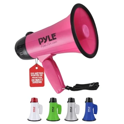 Image de PYLE Haut Parleur Mégaphone Portable avec Sirène Compact à Piles Puissance de 20Watts, Microphone, 2 Modes, Sonorisation PA &amp; Poignée Pliable pour Cheerleading et Usage Policier (Rose)