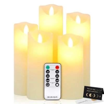 Image de IGUGI Bougies à LED Lot de 5,Bougies sans Flamme,Bougies Piles Pilier,Flamme Clignotante,Bougie Flamme avec télécommande et fonction minuterie 24 heures (ivoire)
