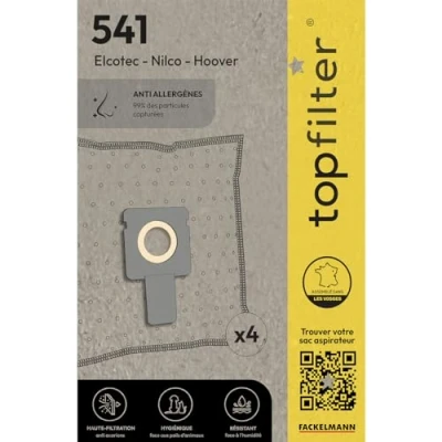 Image de TopFilter 64541 Lot de 4 sacs aspirateur Hoover Elcotec et Nilco, sac aspirateur, poche accessoire Non tissé polypropylène, Caoutchouc, Carton, 30 x 26 cm