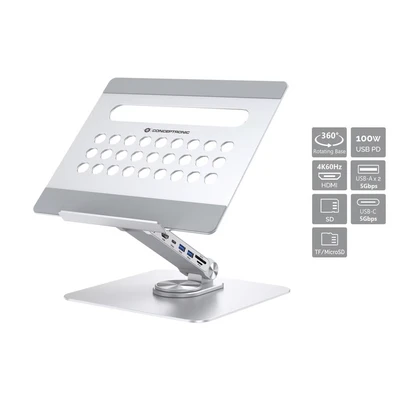 Image de CONCEPTRONIC DONN27G Support pour ordinateur portable avec station d&#039;accueil 7 en 1, socle pivotant à 360, pliable, réglable