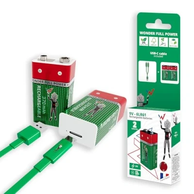 Image de Wonder Full Energy Piles 9V / 6LR61 Rechargeables Via USB C Câble Inclus Longue durée 9V, 3600mWh, 370mAh Pack de 2