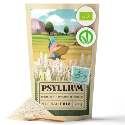 Image de Tégument de Psyllium Blond BIO Pureté 99% 200g. Husk Biologique, Naturel et Pur. Cosses Graines Indien. Riche en fibres, à consommer dans l&#039;eau, boissons ou jus.