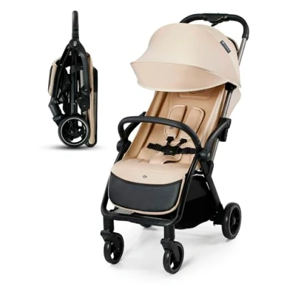 Image de Kinderkraft APINO Poussette Canne, Ultra Légère, Pliable, Imperméable, Dès la naissance et jusqu&#039;à 22 kg, Chargé du panier extra 2 Légère (7,5 kg), Réglable, Harnais 5 points, Beige
