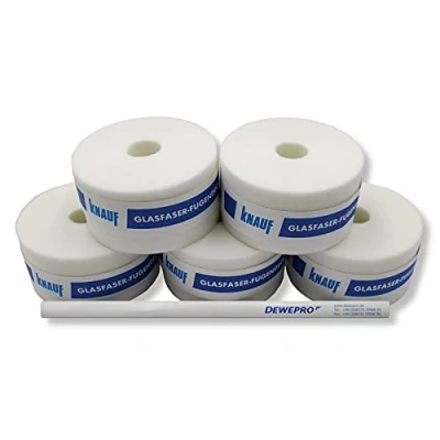 Image de KNAUF® Lot de 5 Bandes recouvrement En fibre verre Rouleau 25 m Largeur : 50 mm d&#039;armature pour l&#039;enducation des joints kit avec 1 crayon charpentier DEWEPRO®