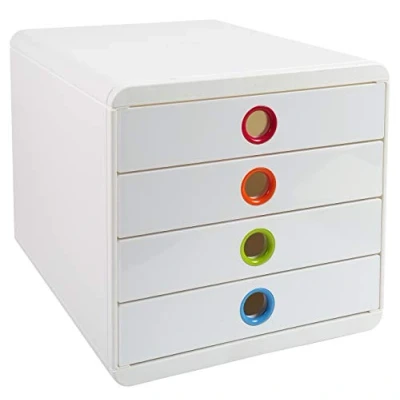 Image de Exacompta Réf. 314398D POP BOX Caisson 4 tiroirs fermés pour document A4+ Dimensions extérieures : Profondeur 34,70 x largeur 27,80 Hauteur 26,70cm Blanc/arlequin blanc