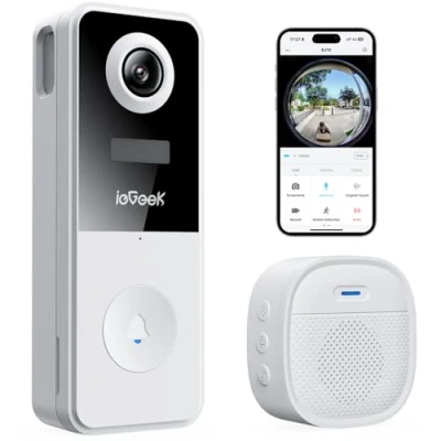 Image de ieGeek Sonnette sans Fil avec Camera, 2K Exterieur Etanche, Angle Ultra Large de 180, Audio Bidirectionnel, Vision Nocturne, Détection Humaine PIR, IP65 Étanche, 2.4G WiFi