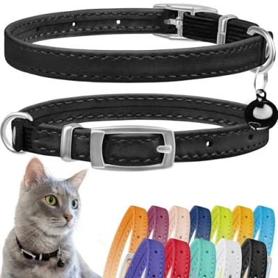 Image de CollarDirect Collier pour Chat en Cuir, de Sécurité avec Sangle Elastique, Chaton Cloche Noir Bleu Rouge Orange Vert Lime (Noir, 15 18 cm)