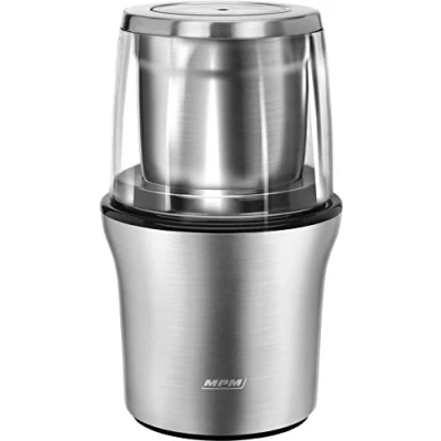 Image de MPM MMK 06M Moulin à Café Électrique + Broyeur Multifonctionnel, 2 Types de Lames, Moud Les Graines, Épices et Noix, Fonction Impulsion, Récipients 70g, Acier Inoxydable, 200W