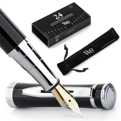 Image de Wordsworth &amp; Black Ensemble Stylo Plume, Pointe Extra Fine, Comprend 24 Cartouches D&#039;encre, Convertisseur De Recharge D&#039;encre Et Pochette Cadeau, Finition Chromée, Calligraphie, [Chrome Noir]