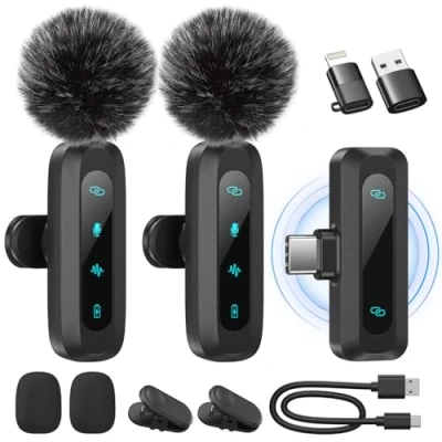 Image de Microphone de Lavalier sans fil pour iPhone,iPad,téléphone Android,2 Pack Mini avec réduction du bruit, appairage automatique,sourdine et réverbération Vlogging,enregistrement vidéo