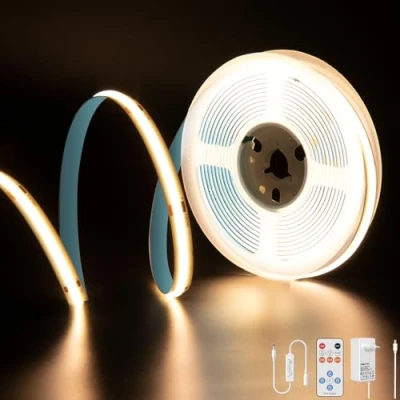 Image de PAUTIX Ruban LED COB Blanc Chaud 3000K, 5M 2400LEDs 24V CRI90 Kit Bande Lumineuse Lumineux Dimmable avec Télécommande RF et Alimentation pour Miroir,Plafond,Cuisine,Armoire,Placard