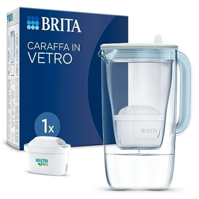Image de BRITA Filtre à eau en verre bleu clair (2,5 l) avec 1 cartouche MAXTRA PRO All in Pichet design de qualité supérieure verre, robuste et léger / réduit le calcaire, chlore, les pesticides,
