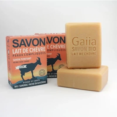 Image de Gaiia Savon Lait de Chèvre au Tea Tree, Neem, Curcuma, Lavande pour Peaux Compliquées Surgras et Glycériné à Froid Artisanal 150g (2)