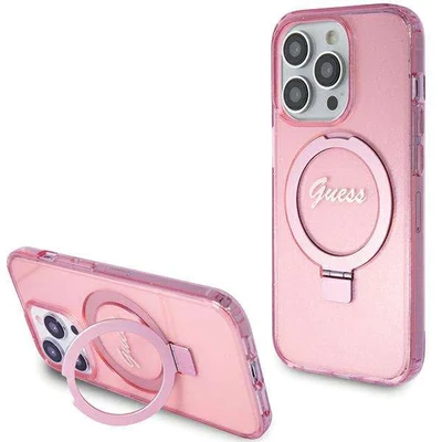 Image de Guess GUHMP15LHRSGSP Coque pour iPhone 15 Pro 6,1&quot; Rose Rigide avec Anneau Support Script Paillettes